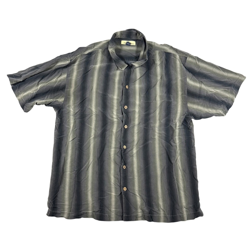 Tommy Bahama Shirt Mens XL Grey Silk Ombre Stripe Short Sleeve Camp Button Front